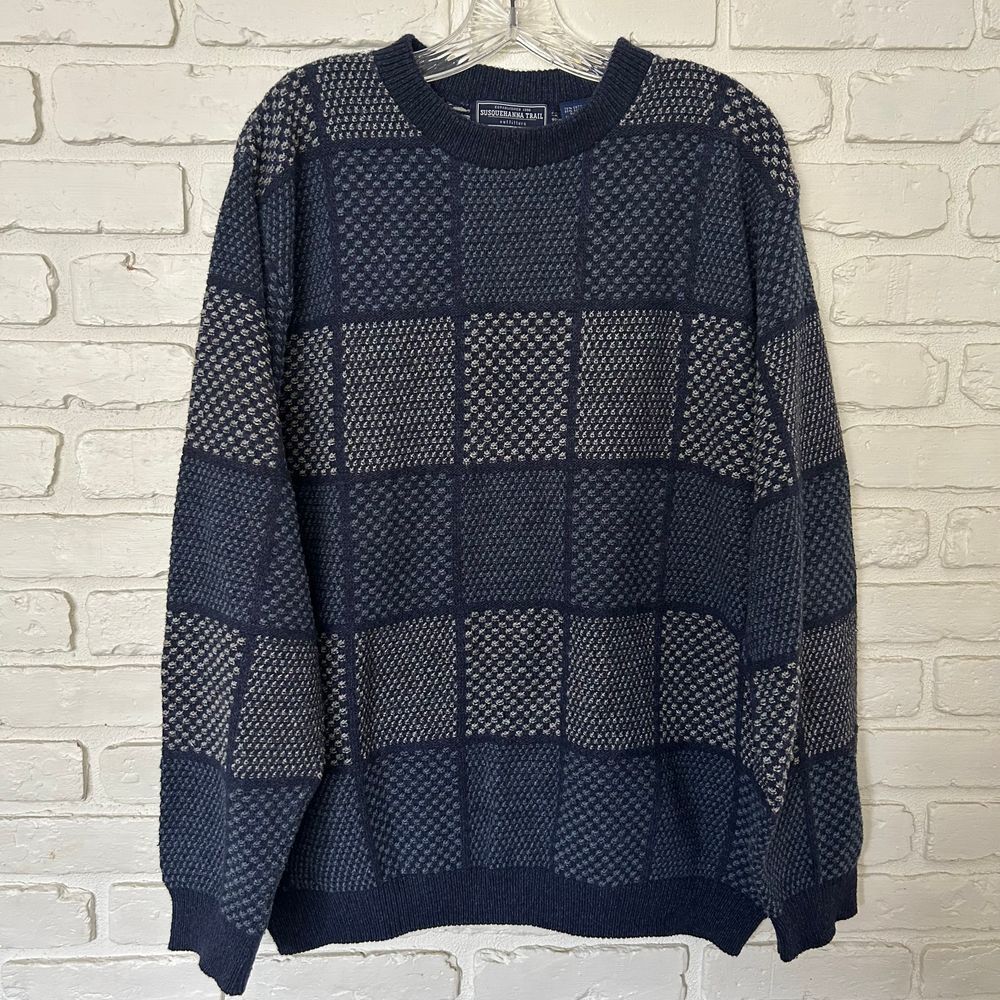 Vintage Susquehanna Trail Chunky Knit Crew Neck Sweater Mens Large Navy Blue‎